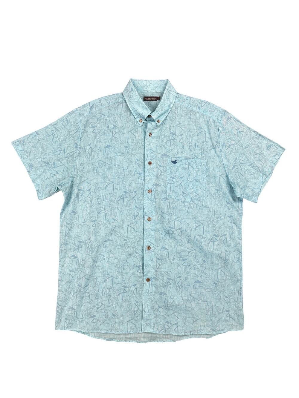 Southern Marsh Flamingos Linen Blend SS Shirt Light Blue — Size XL